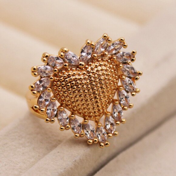 18K Yellow Gold Filled Boho Heart White Diamond Zircon Ring Gorgeous Party Gift - Picture 8 of 10